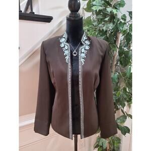 Madison Leigh Women's Brown Long Sleeve Embroidered Lined Open Front Jacket 10